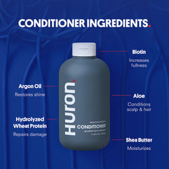 Huron size comparison with hand holding bottle showing true 11.7 fl oz scale