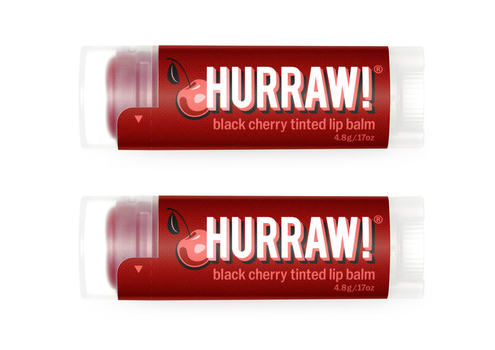 Hurraw! front packaging showing two tinted balm tubes and organic promise