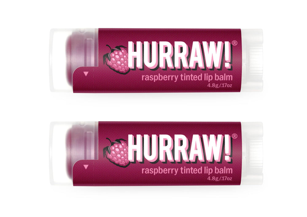 Hurraw! front packaging showing two raspberry tinted tubes, convenient twin pack