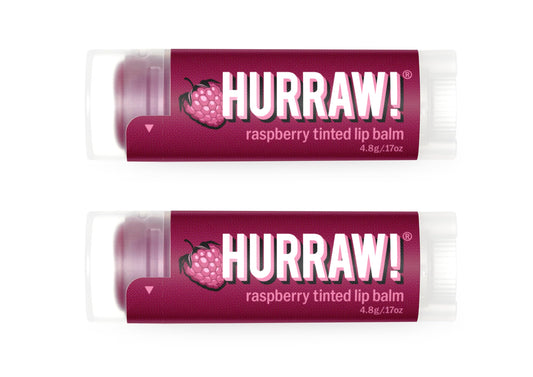 Hurraw! front packaging showing two raspberry tinted tubes, convenient twin pack
