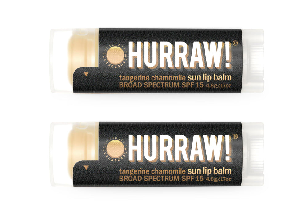 Hurraw! front packaging showing two SPF 15 tangerine chamomile tubes, portable protection