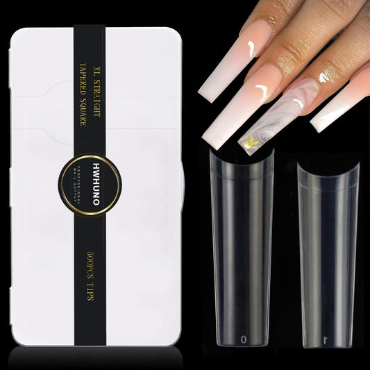 HWHUNO front box packaging showing 500 clear tapered square tips and organization benefit