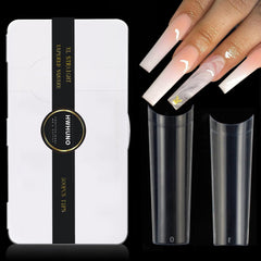 HWHUNO front box packaging showing 500 clear tapered square tips and organization benefit