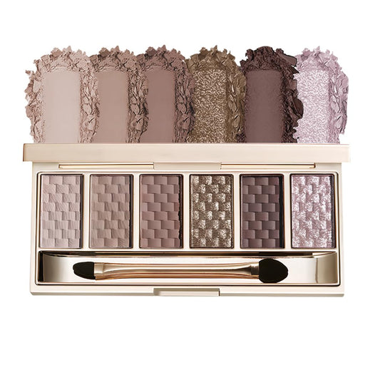 Hxssll palette open front showing six cool mauve grey shades and mirror benefit portability