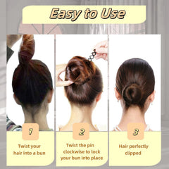 Hyamass pins in use securing a messy bun, reliable hold for events
