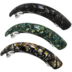 HYFEEL front view of three large barrettes showing colors and shape, adds polished finishing touch