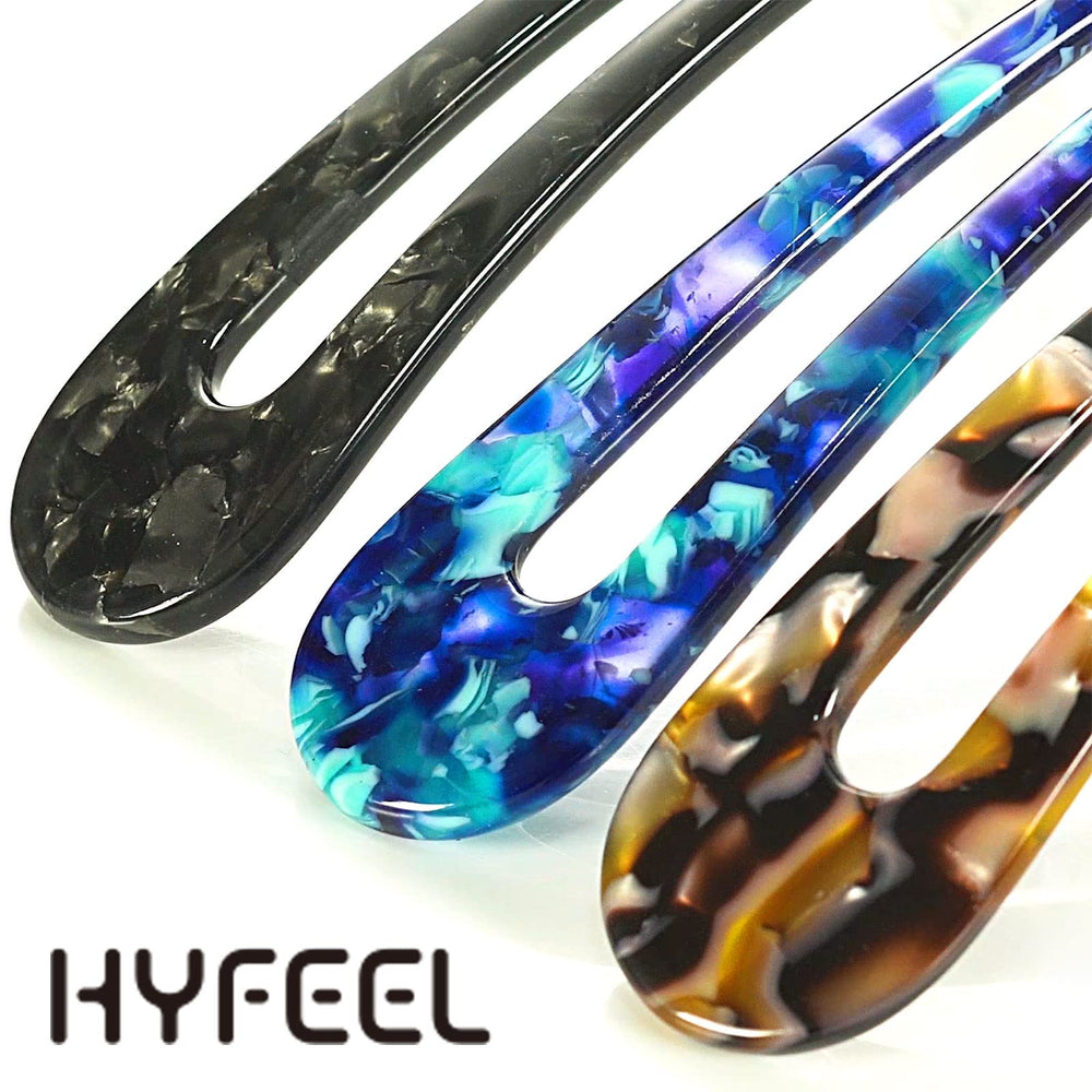 HYFEEL hair forks next to a ruler showing length for medium to long hair, clear sizing
