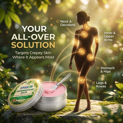 Hyggear balm applied to neck and chest showing targeted hydration for delicate skin