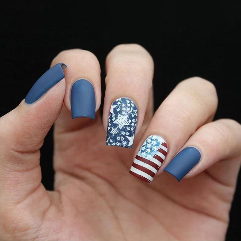 HZJXRT front packaging showing 4th of July press-on nails and benefit of quick application