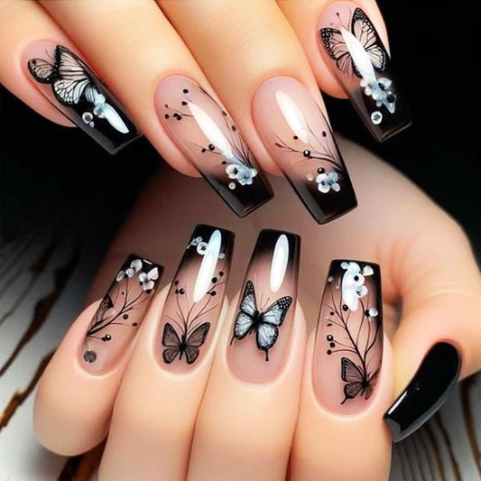 HZJXRT front packaging showing full 24-piece nail set with glossy finish and flowers for instant style