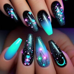 HZJXRT front packaging showing 24-piece nebula press-on nails and tools for quick application
