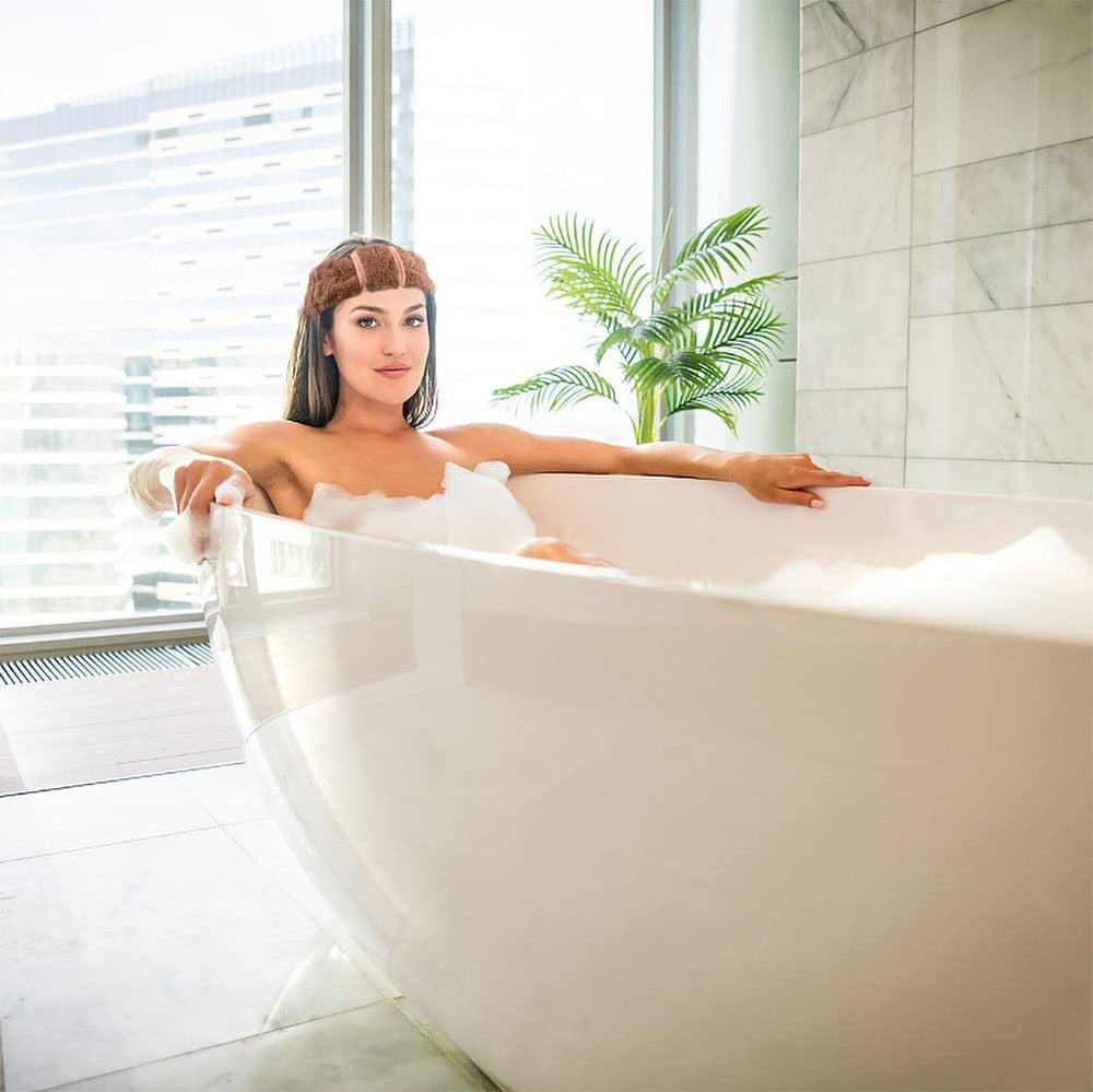 IAXSEE headband in spa bathroom scene conveying relaxation and practical use