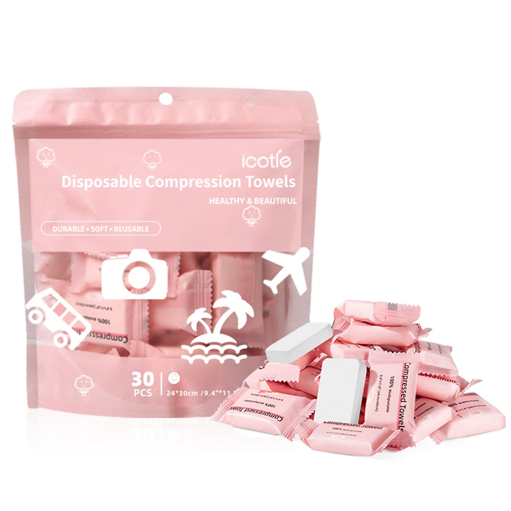 ICOTLE front packaging showing 30-piece compact towels for travel convenience