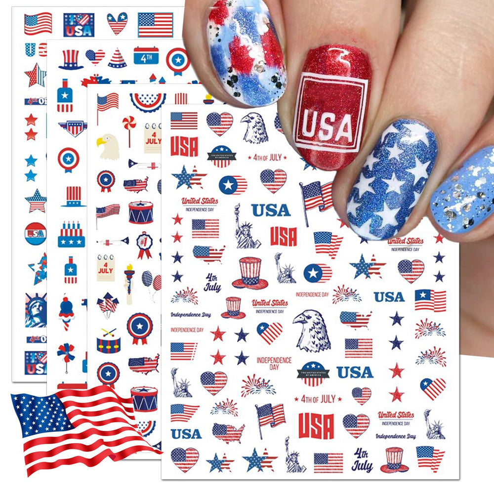 IDDFEVE front packaging showing 12 patriotic nail sticker sheets and benefit of variety