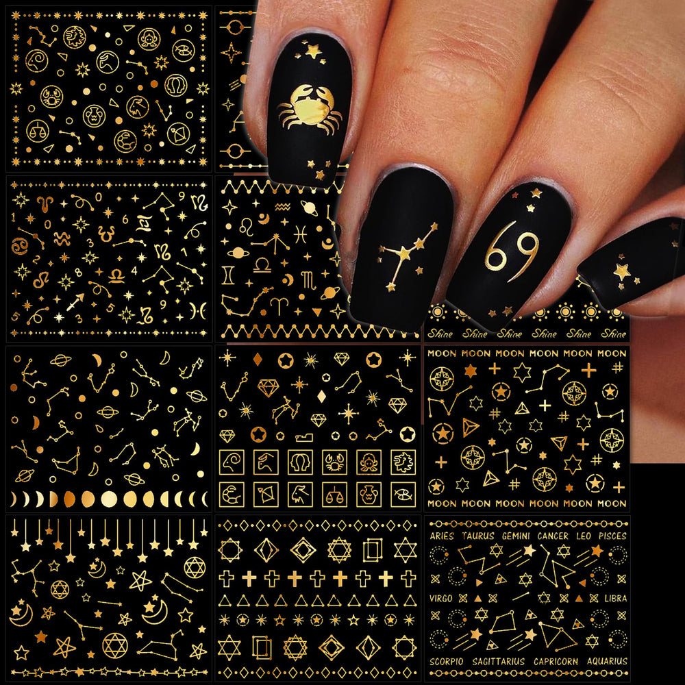 IDDFEVE front packaging showing 12 gold galaxy zodiac sheets for versatile manicures