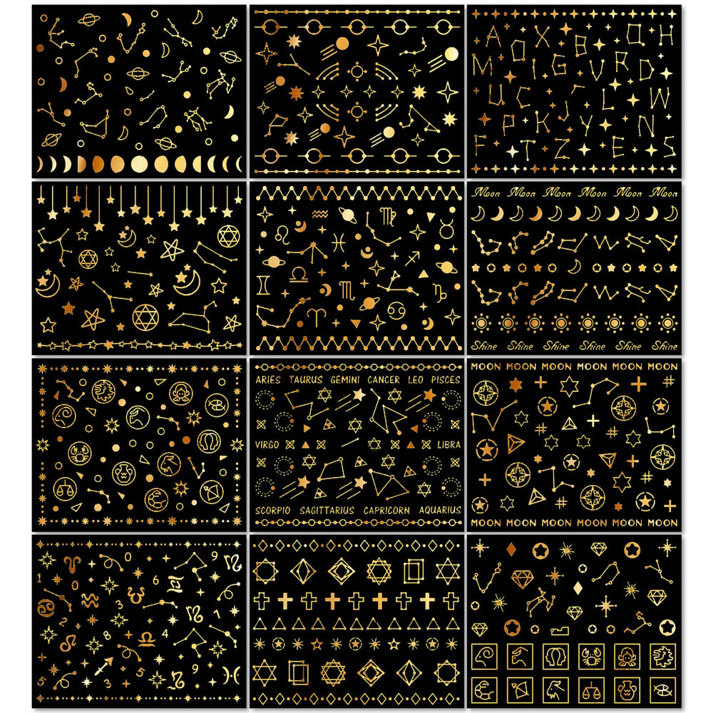 IDDFEVE styled manicure with golden astrology decals for a luxe cosmic look