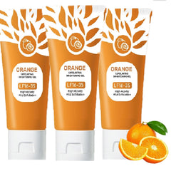 Identicalven front packaging showing three orange exfoliating gel tubes and benefits