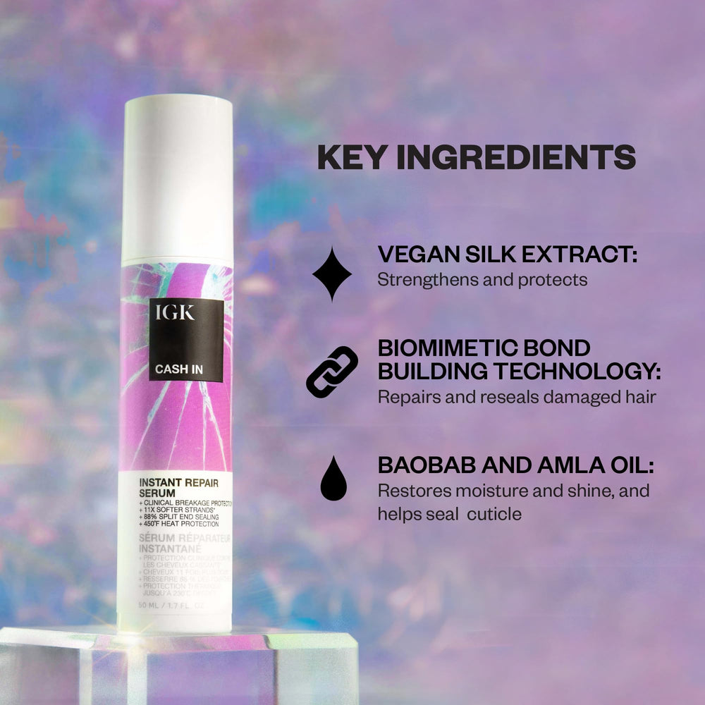 IGK Cash In serum texture close-up showing lightweight, non-greasy finish
