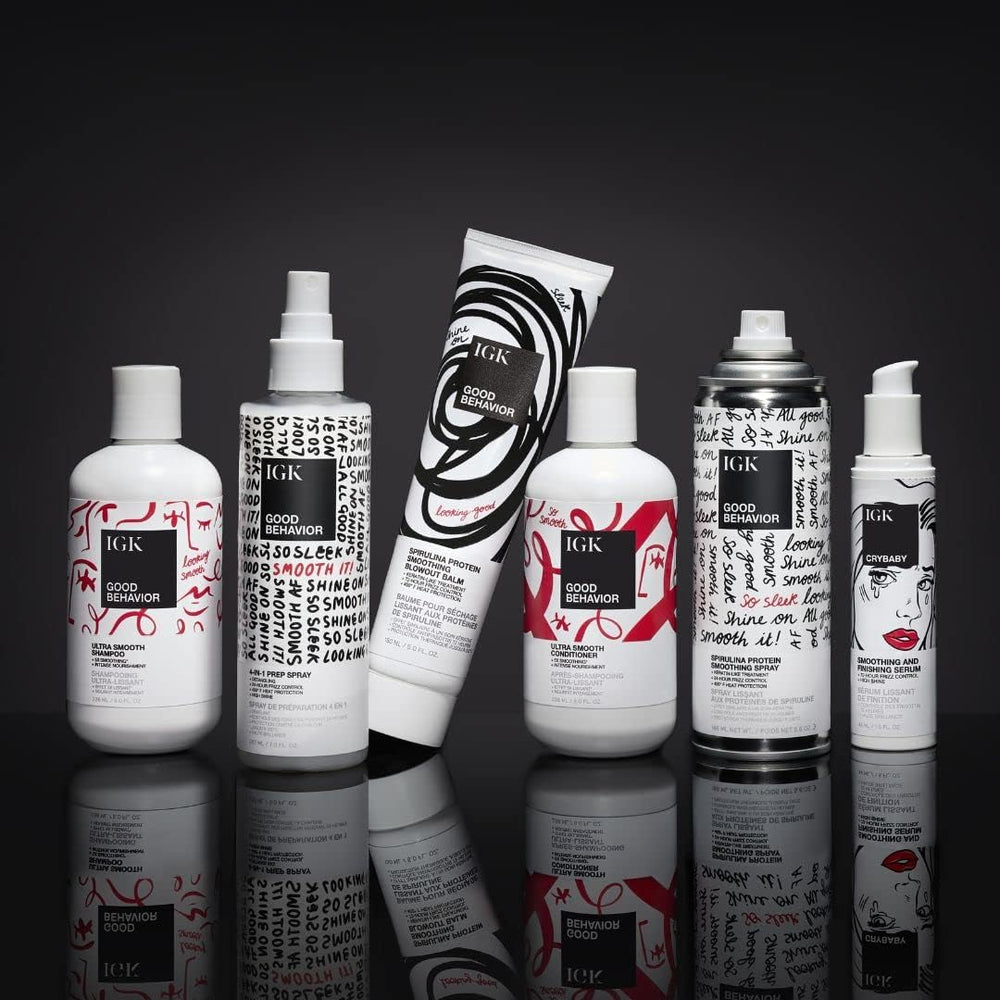 IGK Crybaby application on hair strand demonstrating frizz control benefit