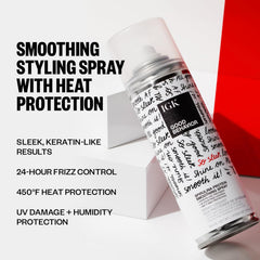 IGK mist spraying from bottle over damp hair demonstrating easy application