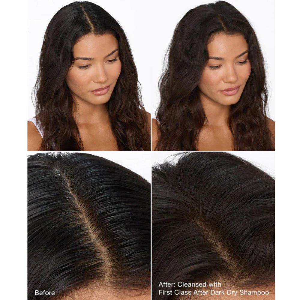 IGK before and after on dark hair showing no white residue