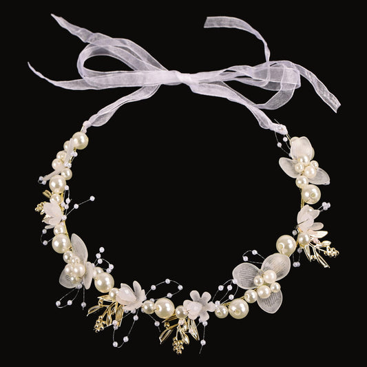 iHUFeather golden pearl headband front view showing elegant design and bridal-ready look