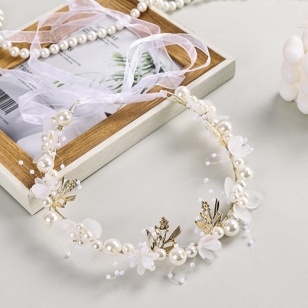 iHUFeather close-up of pearls and white flowers highlighting delicate craftsmanship