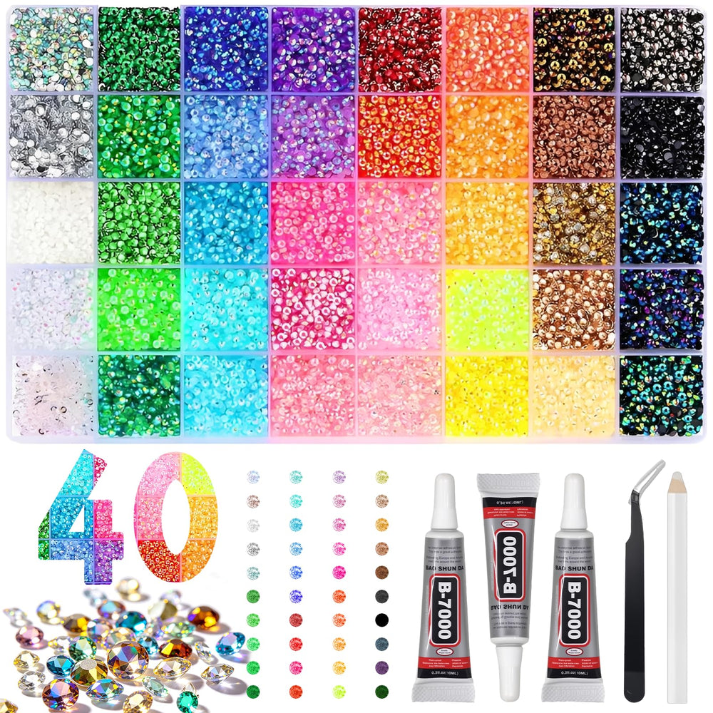 IKKAB front packaging showing 40-color rhinestone kit and included tools for easy crafting