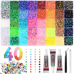 IKKAB front packaging showing 40-color rhinestone kit and included tools for easy crafting