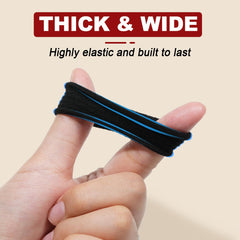 IKOCO hair tie stretched around hand demonstrating strong stretch