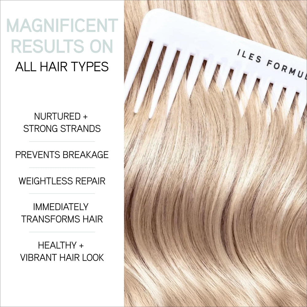ILES FORMULA before and after hair comparison showing reduced frizz and smoother strands