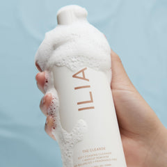 ILIA cleanser in bathroom setting showing effortless morning use