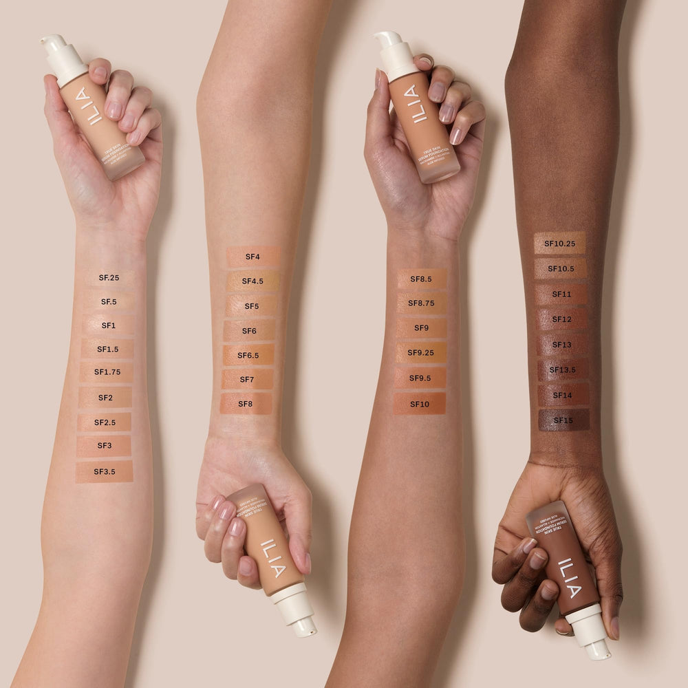 ILIA applying foundation with brush to show seamless blend and natural finish benefit