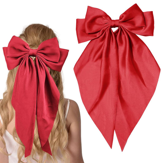 illpta front view of large red satin bow clip showing polished finish and shape benefit