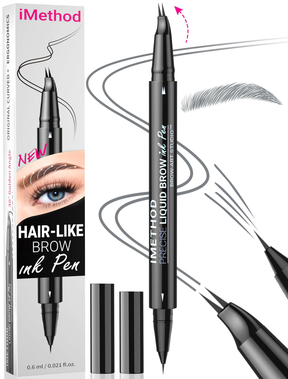 iMethod curved brow pen front view showing dual-ended design and compact benefit