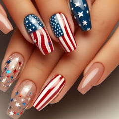 IMPOBLNS front packaging showing 24 patriotic press-on nails and included tools for convenience