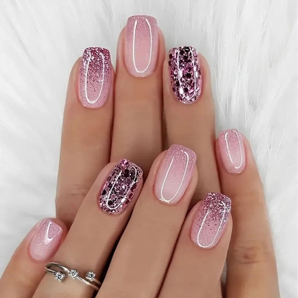 IMPOBLNS front packaging showing purple glitter press-on nails, quick wearable manicure