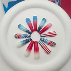IMPOBLNS press-on nails worn at a backyard Fourth of July party for instant festive look