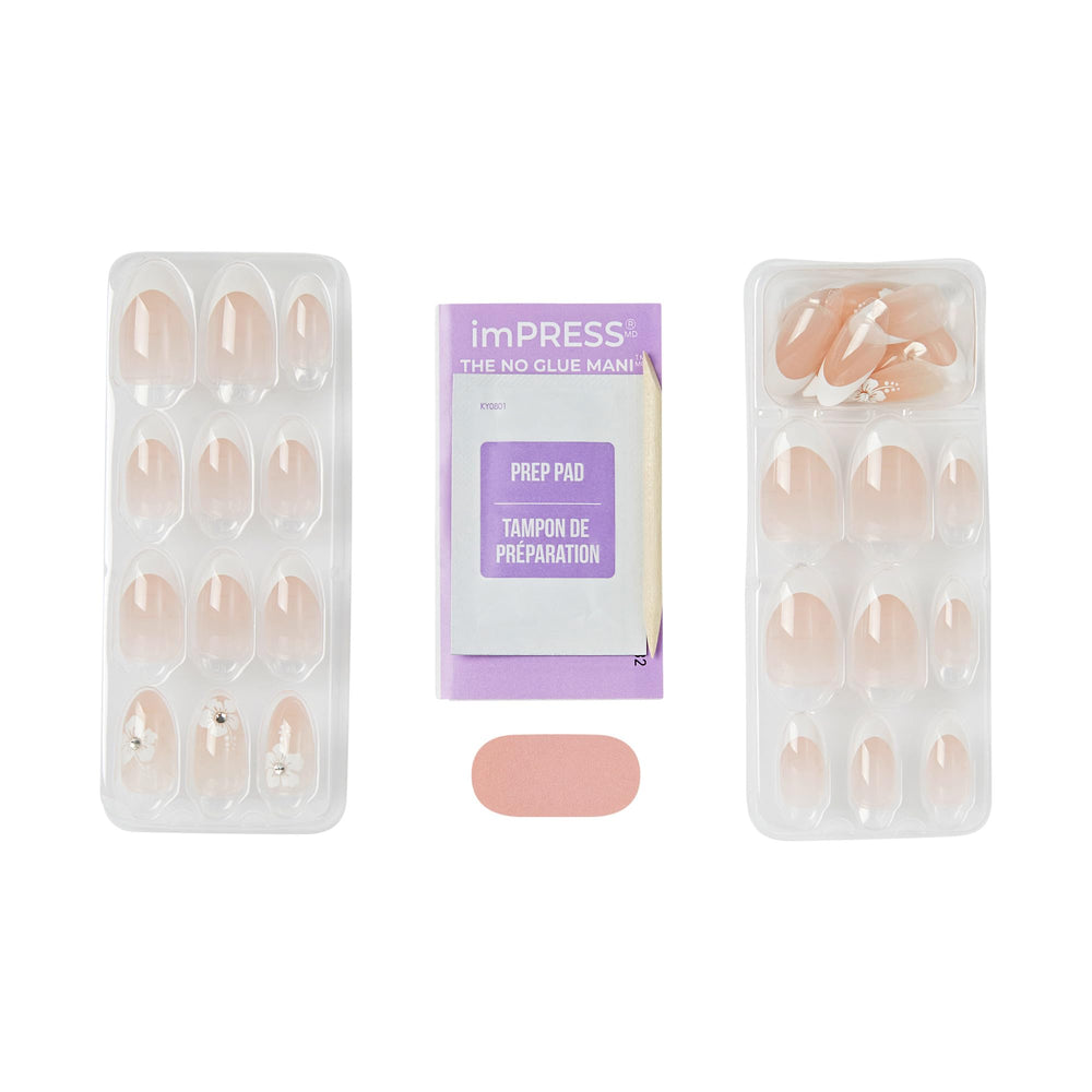 imPRESS kit contents laid out including 30 nails, prep pad, stick, file for ready application
