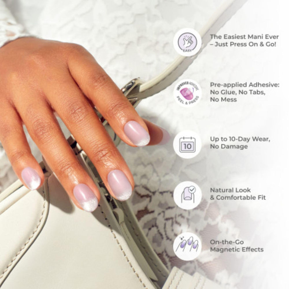 imPRESS application image pressing a nail on to demonstrate peel-and-press simplicity and speed