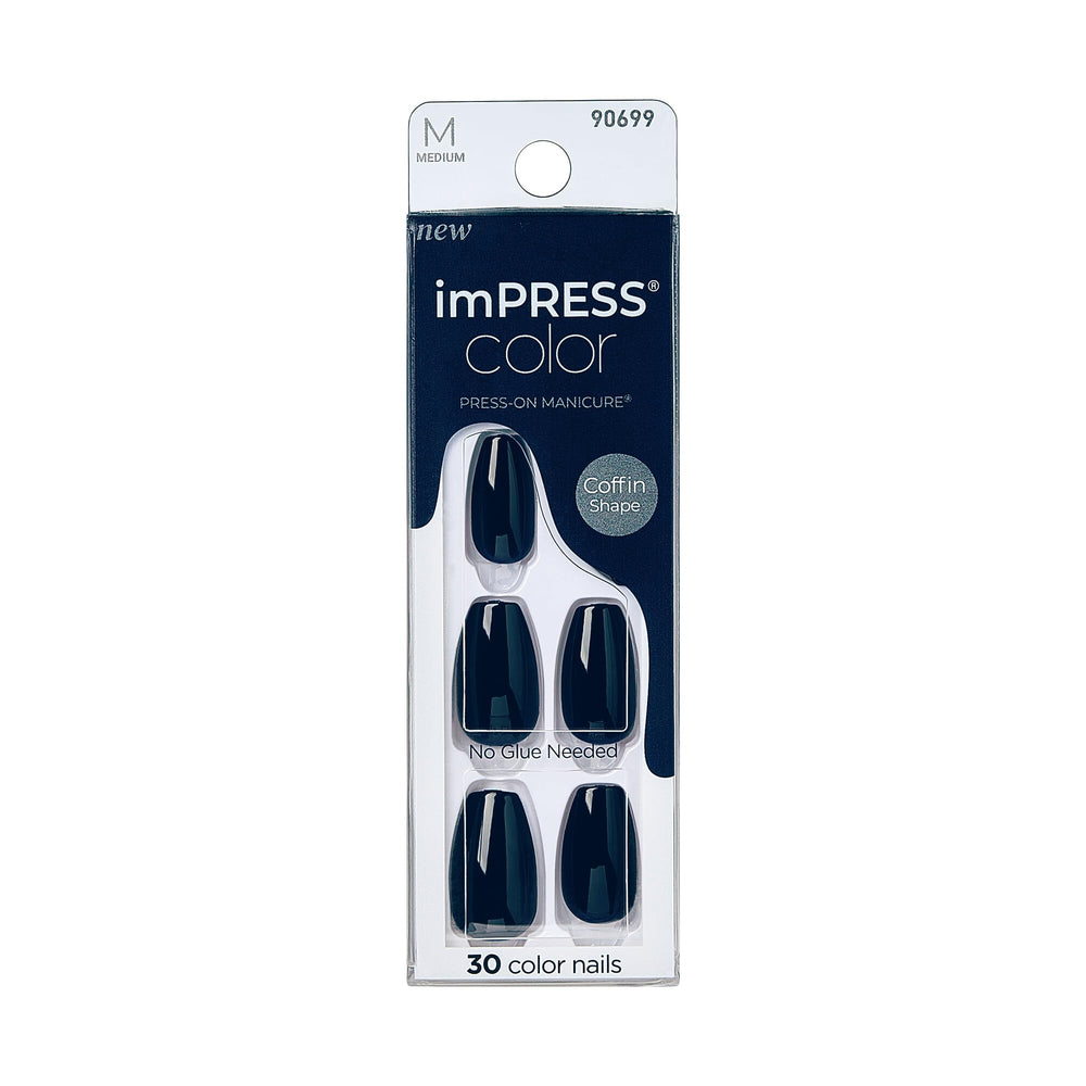 imPRESS front packaging showing 30-piece navy coffin press-on nails for easy wear