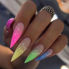 IMRAIN front view of ombre stiletto press-on nails showing glossy color and included glue for quick manicures