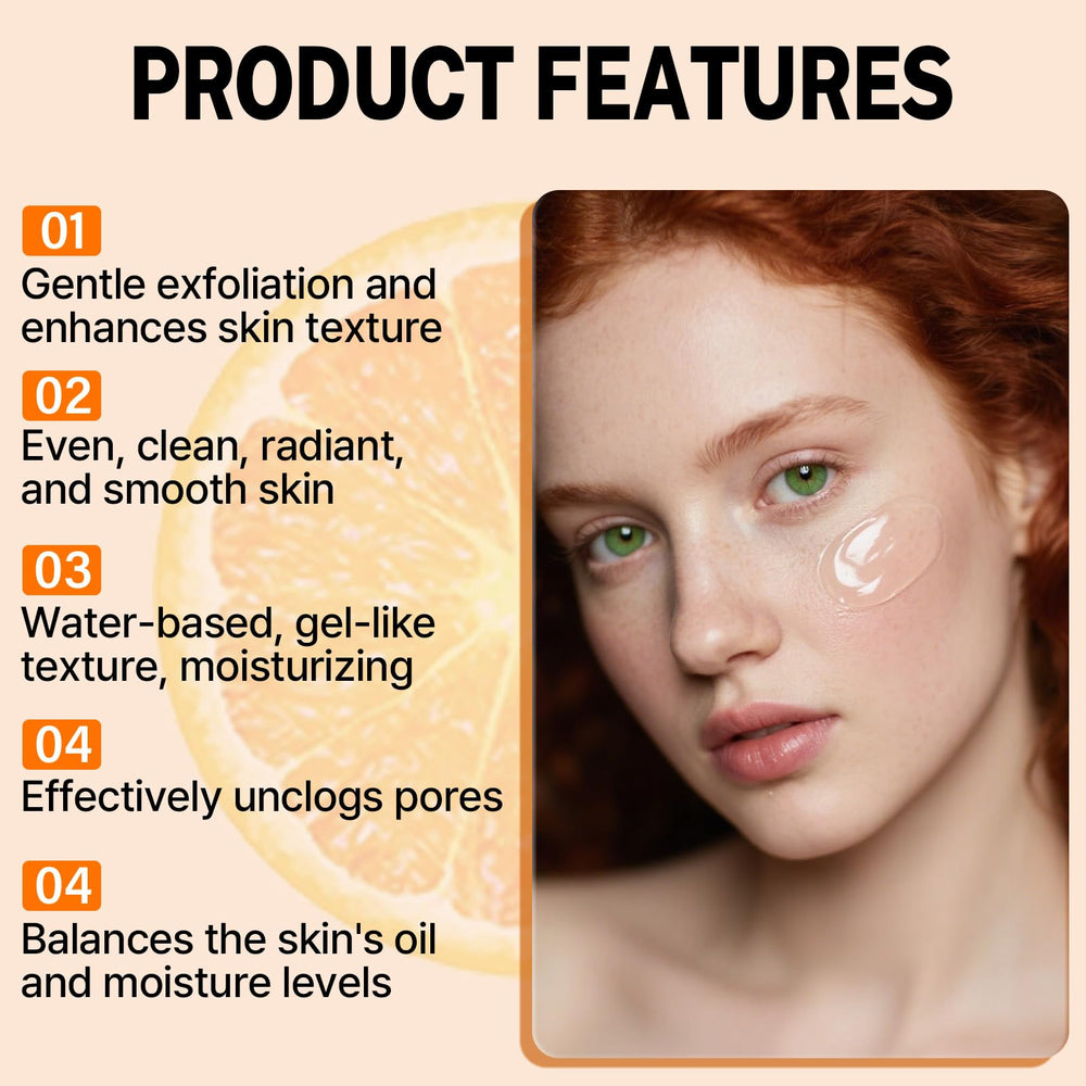 IMrawlook close-up texture of orange exfoliating gel highlighting smooth gel and visible particles for gentle exfoliation