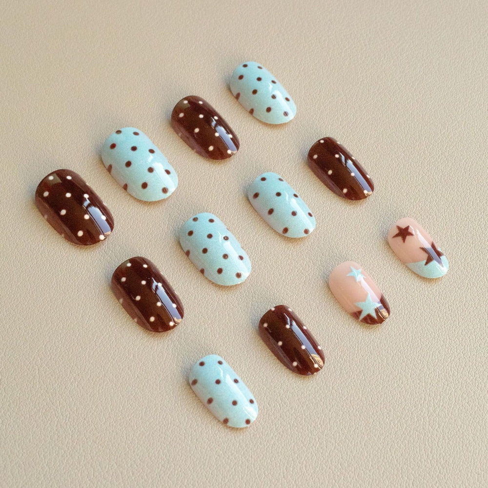 IMSOHOT close-up of brown and blue polka dot detail, vibrant glossy finish benefit