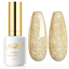 Imtiti bottle front view showing champagne gold glitter and larger 0.5 oz capacity benefit