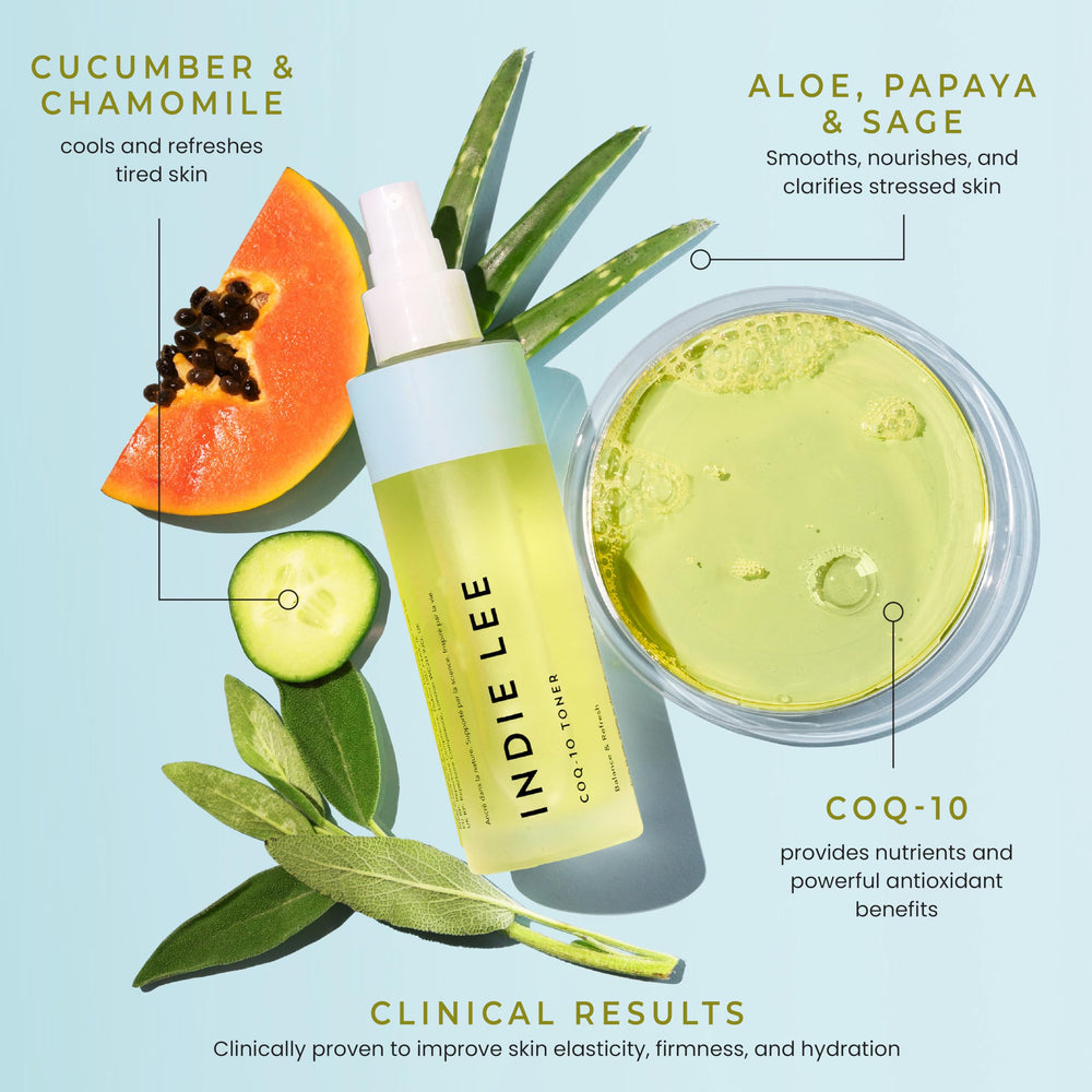 Indie Lee ingredient list close-up highlighting CoQ-10 and aloe benefits