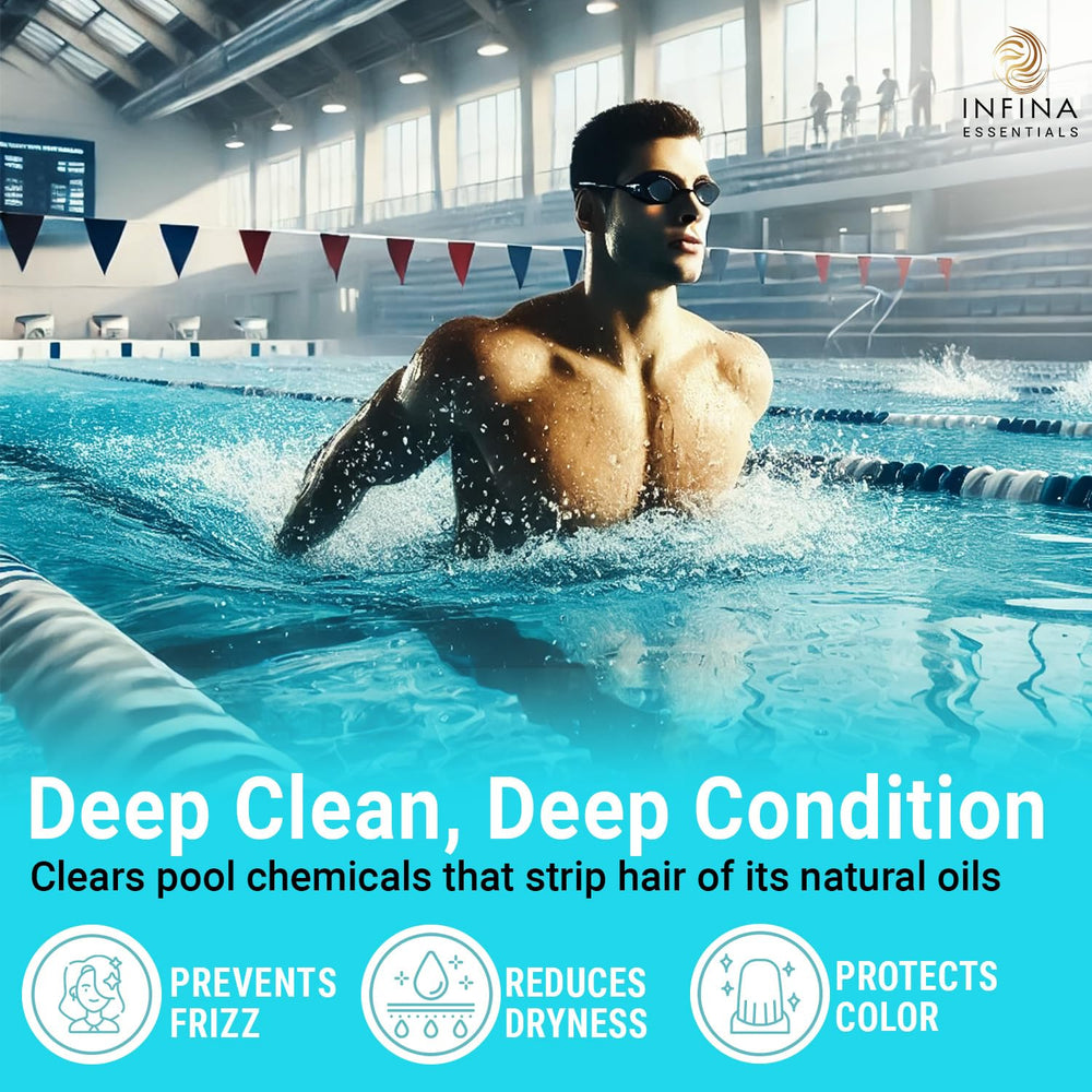 INFINA ESSENTIALS before and after swimmer hair shows reduced buildup