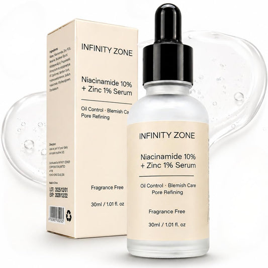 INFINITY ZONE front packaging showing clean bottle and branding for clear-skin routine