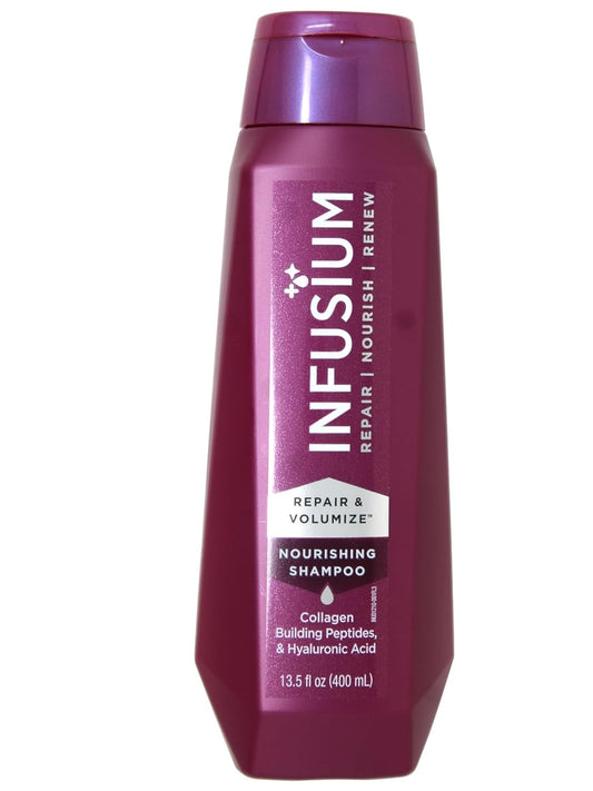 Infusium front packaging highlighting repair and volumize benefits for fuller hair