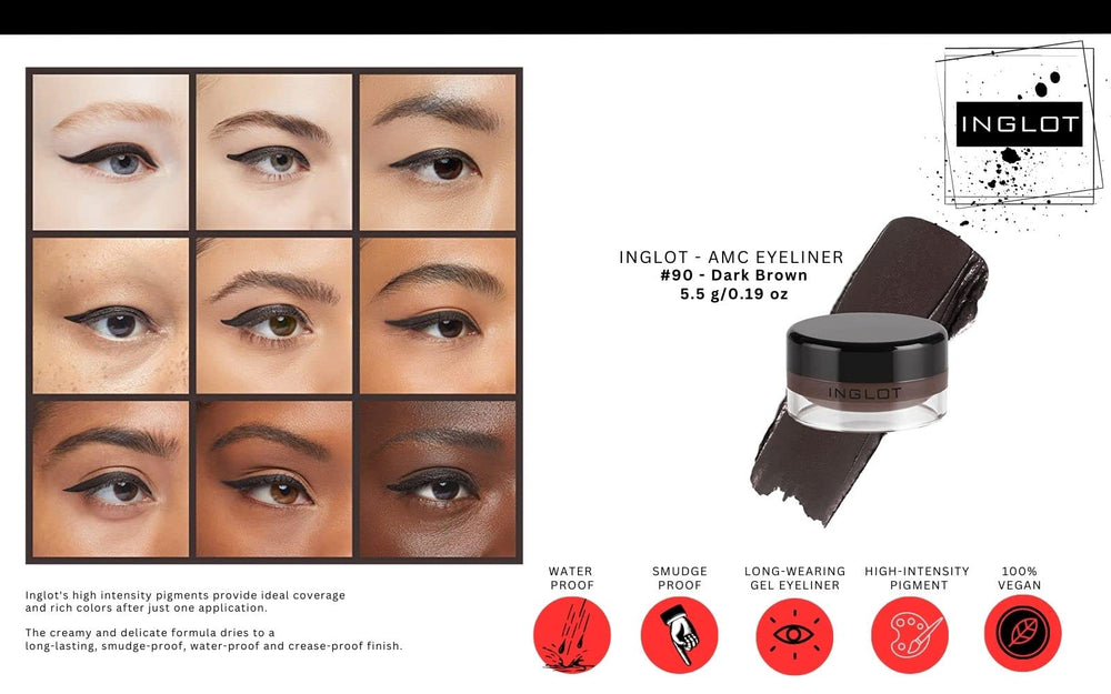 The Beauty Box INGLOT AMC Eyeliner Gel 90 swatch on arm offering blendable natural definition